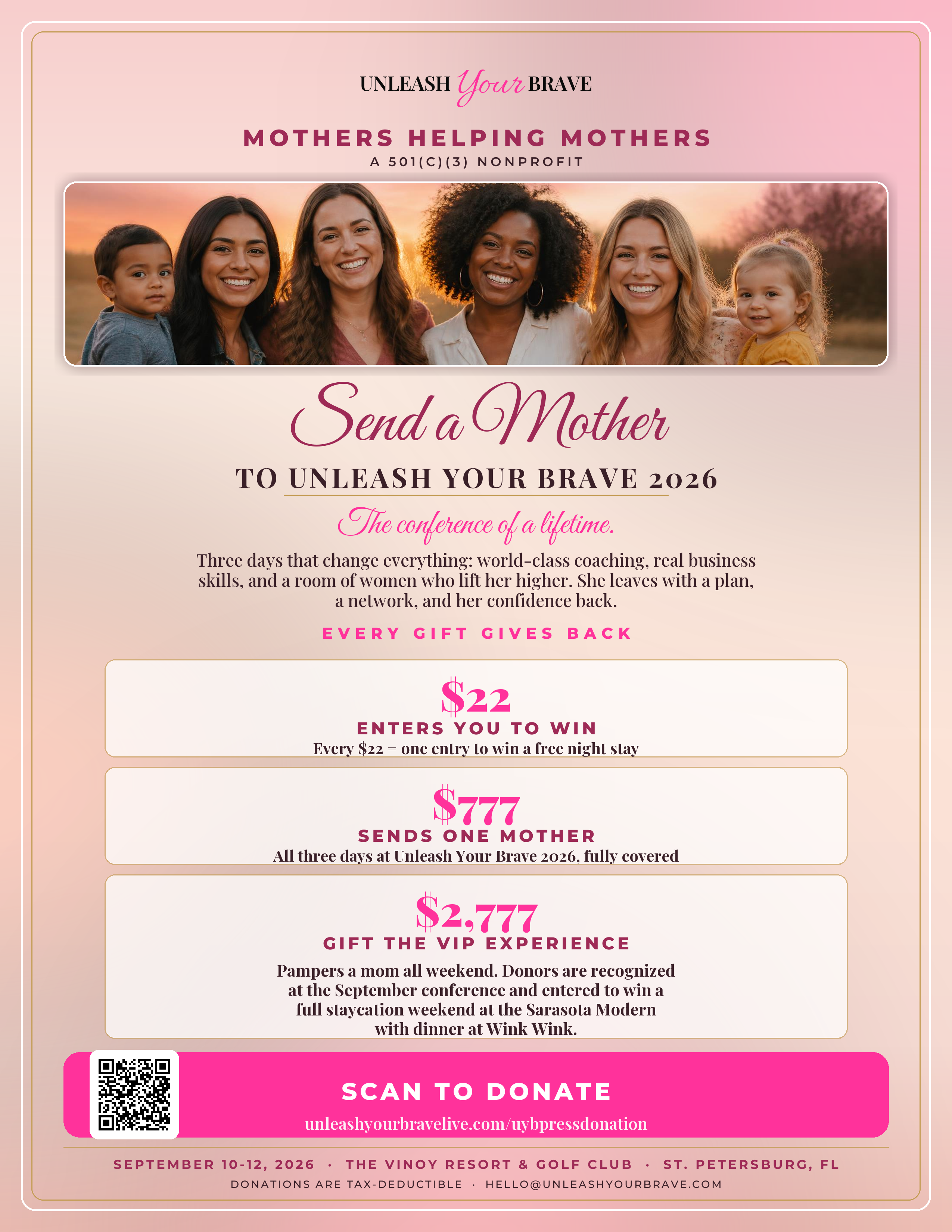 Mothers Helping Mothers donation flyer — $777 sends one more mother to Unleash Your Brave