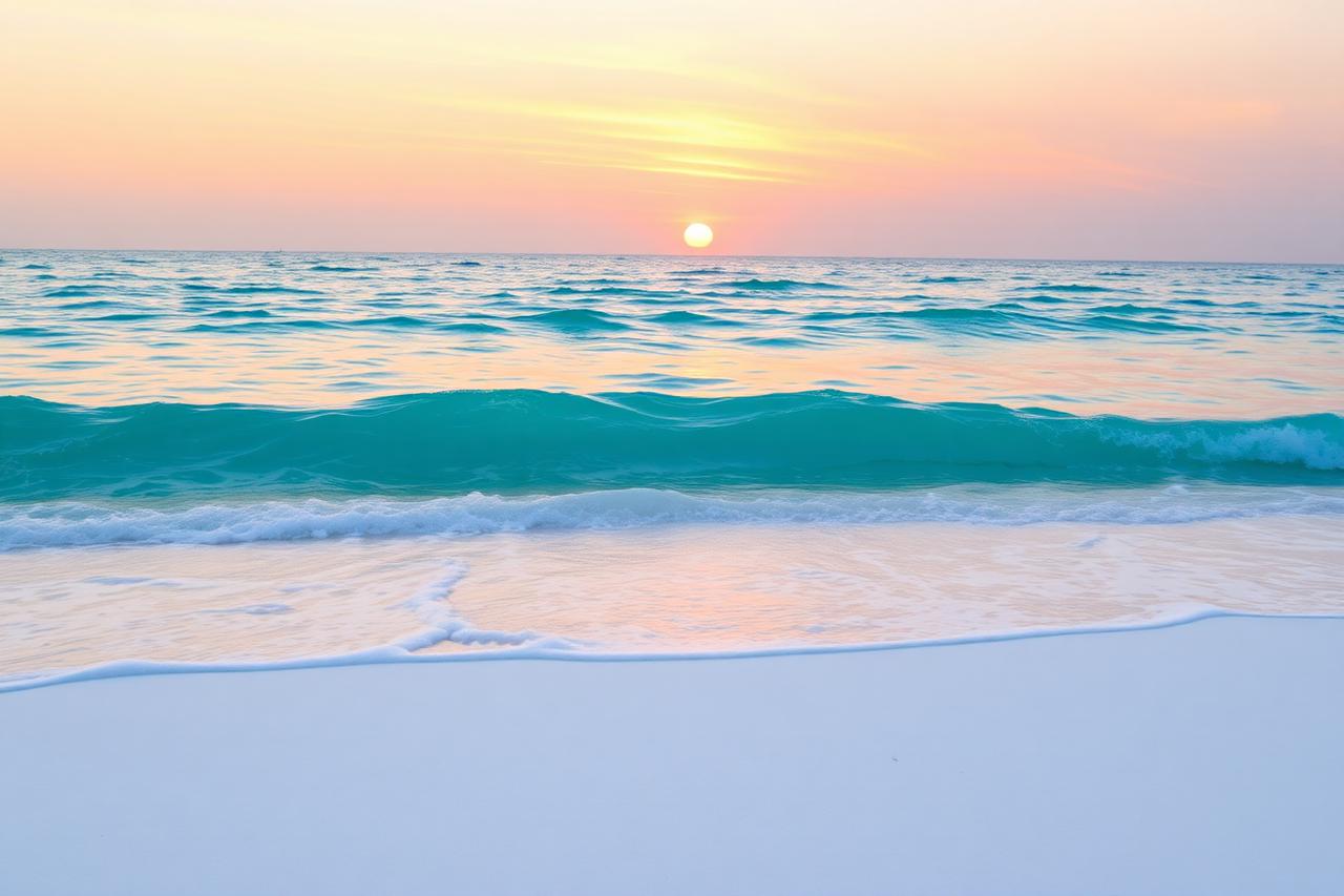 Powder-white sand beach with turquoise Gulf water at sunset