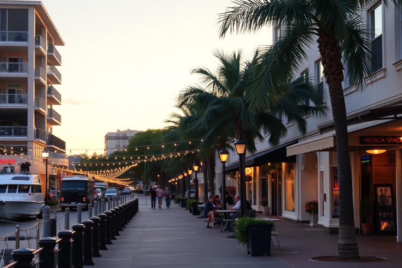 Waterfront street with sidewalk cafés, palms and string lights at dusk