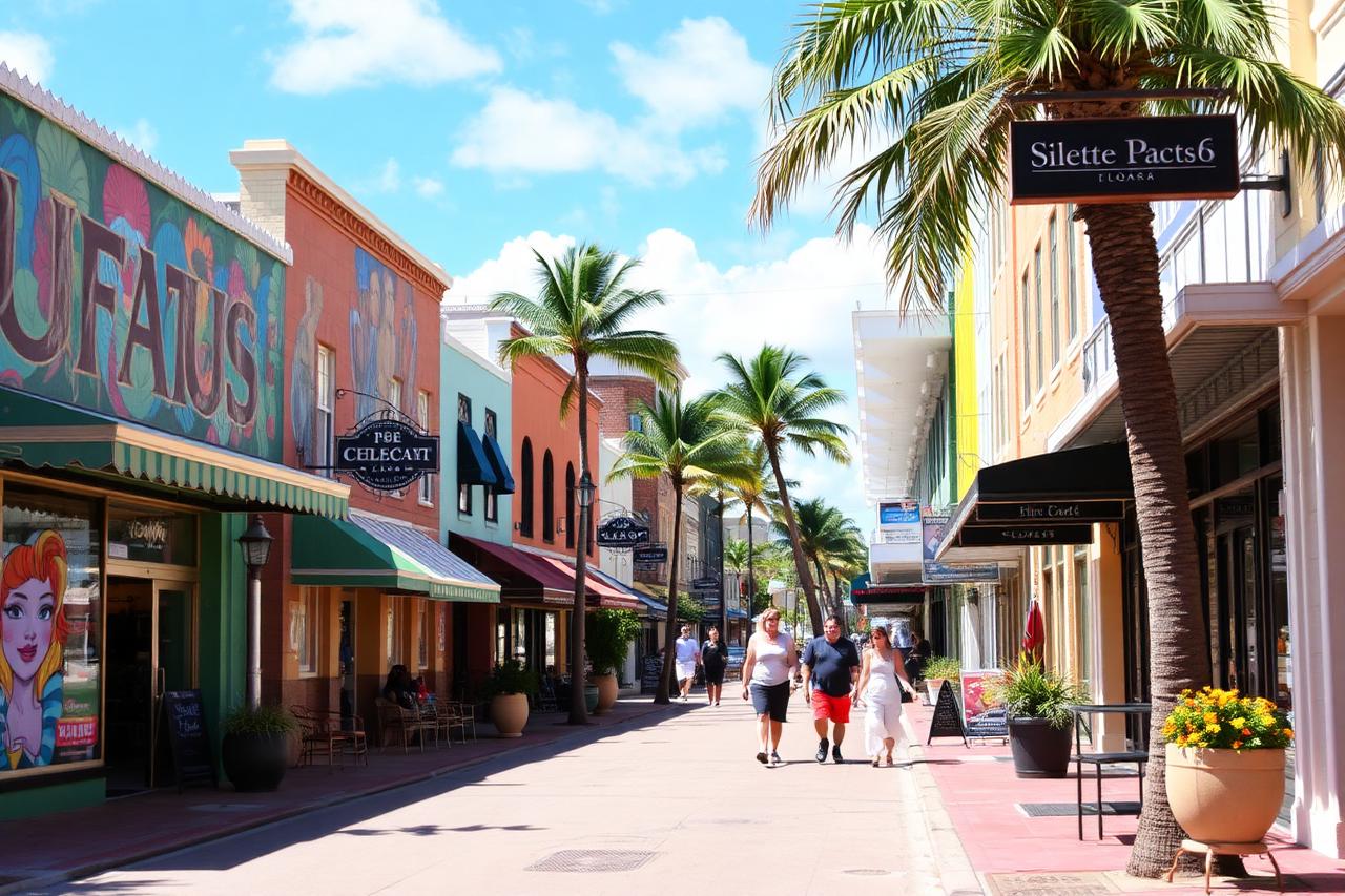 Colorful downtown avenue with shops, murals and palm trees