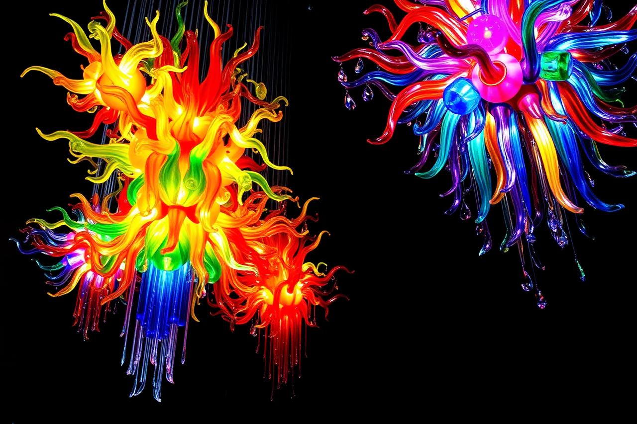 Colorful blown-glass sculptures glowing in a dark gallery