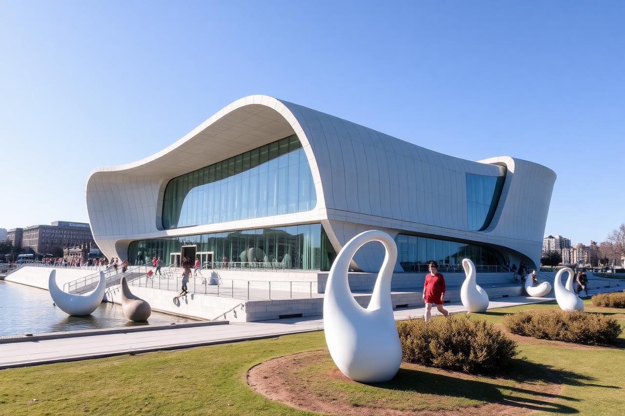 Modern waterfront art museum with curved glass facade and sculpture garden
