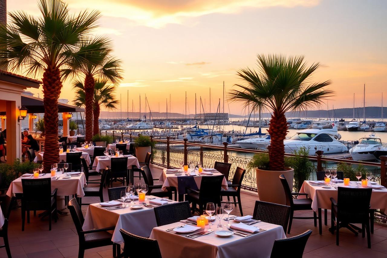 Candlelit waterfront restaurant patio overlooking a marina at sunset