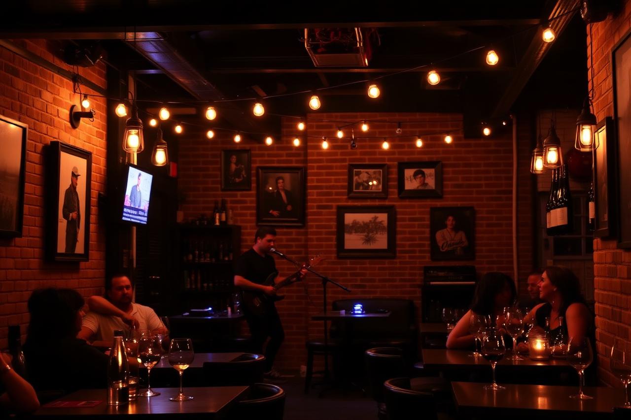 Warmly lit wine bar with live music and string lights