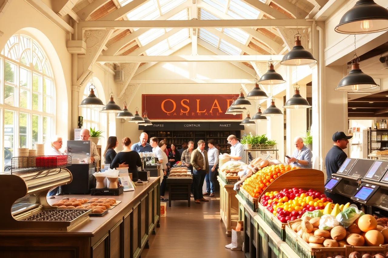 Bright gourmet food hall with espresso bar and fresh produce stalls