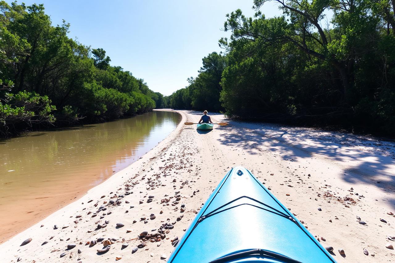Kayaks on a calm mangrove-lined coastal trail