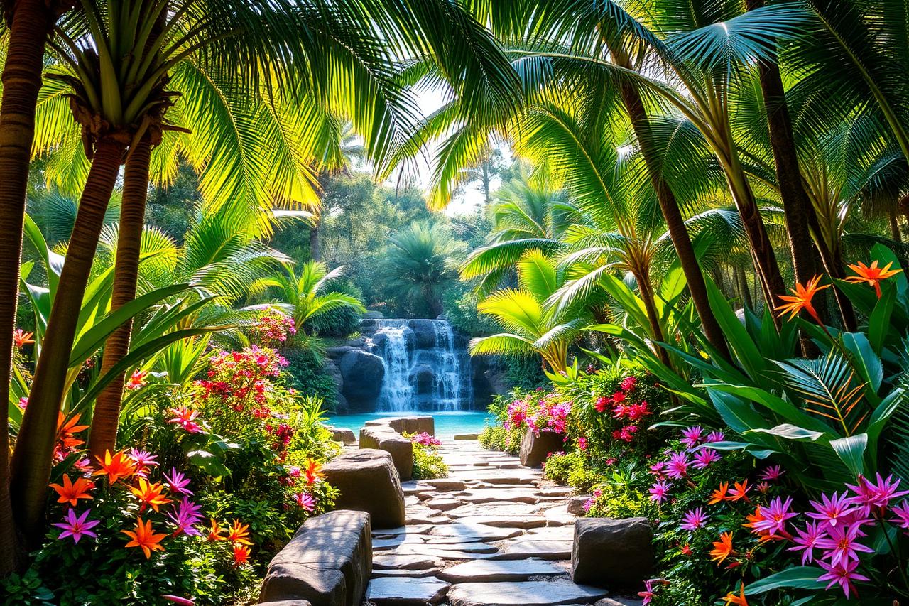 Lush tropical botanical garden path with a waterfall and flowers