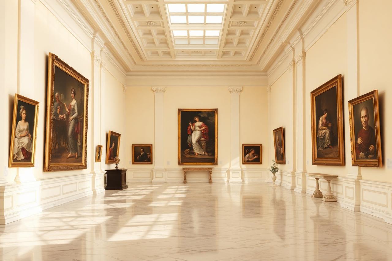 Sunlit neoclassical fine arts gallery with framed paintings and marble floors