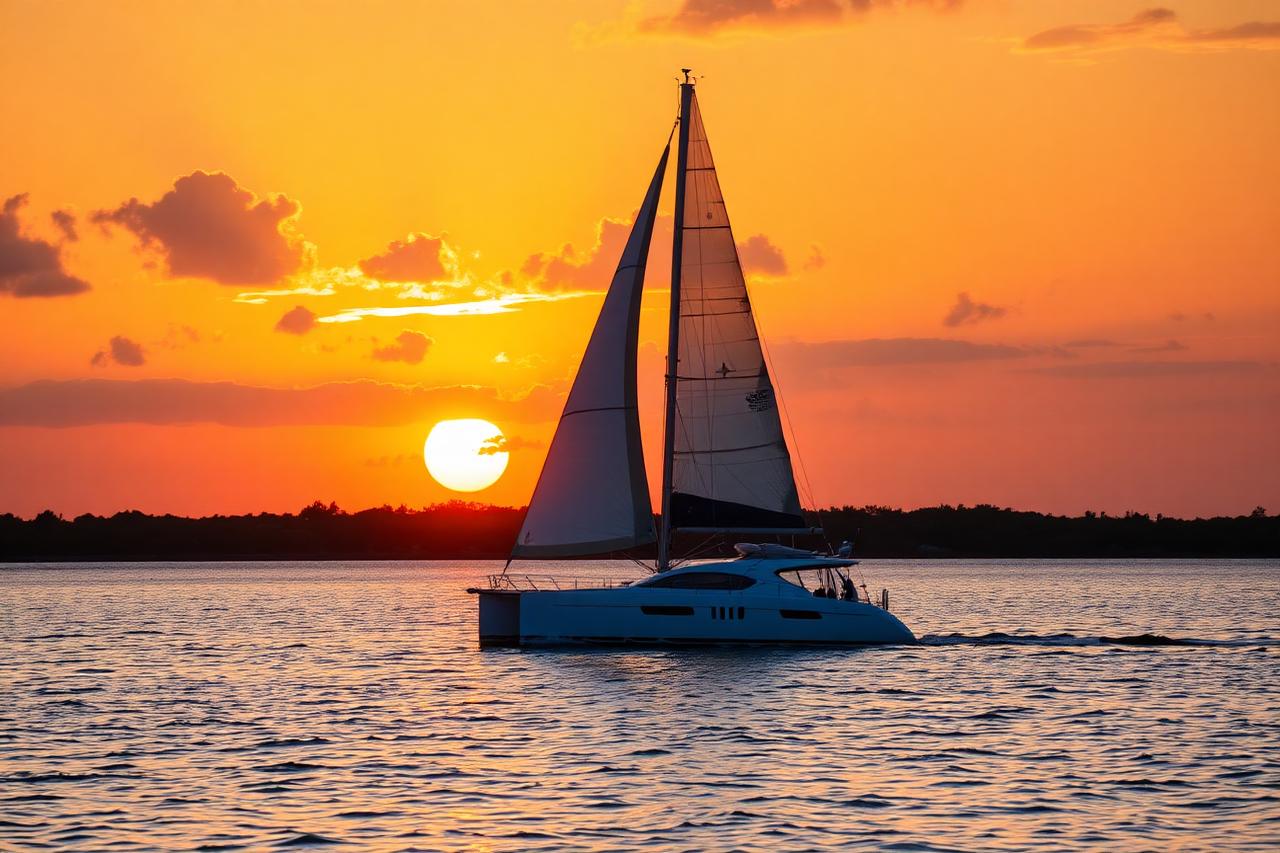 Sailboat cruising the bay against a glowing sunset sky