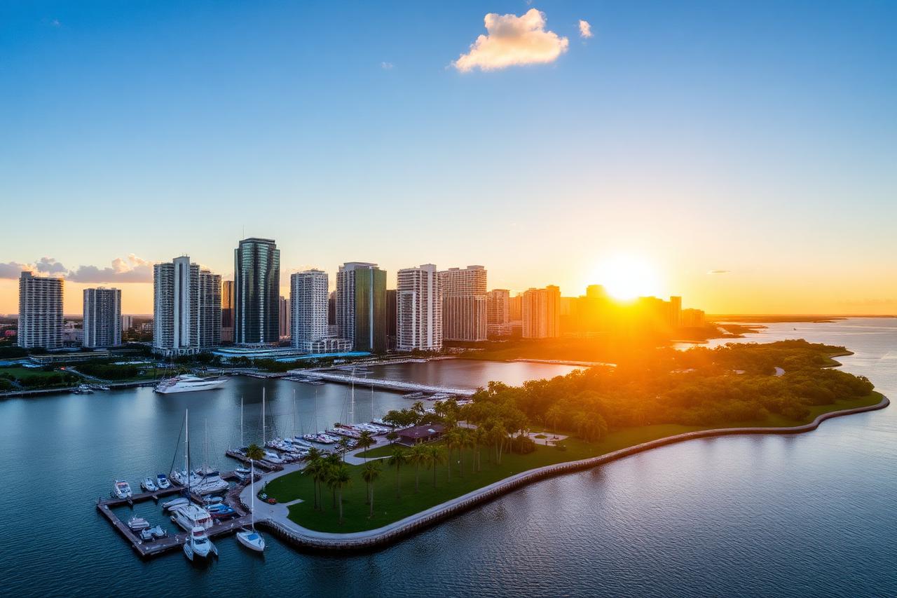 Downtown St. Petersburg waterfront skyline at golden hour