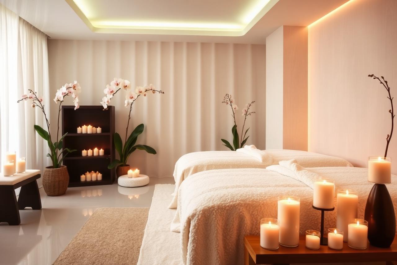 Serene spa treatment room with candles and orchids