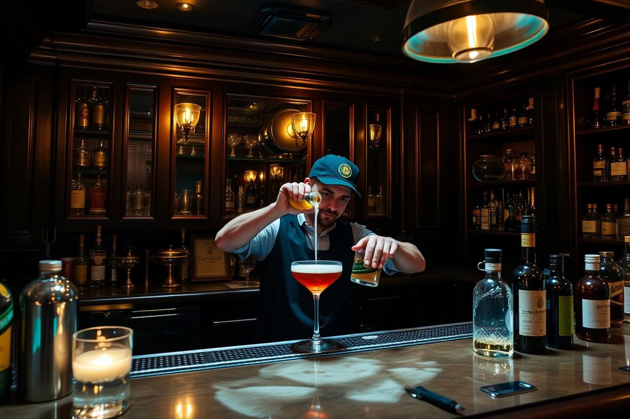 Moody speakeasy bar with a bartender pouring a craft cocktail