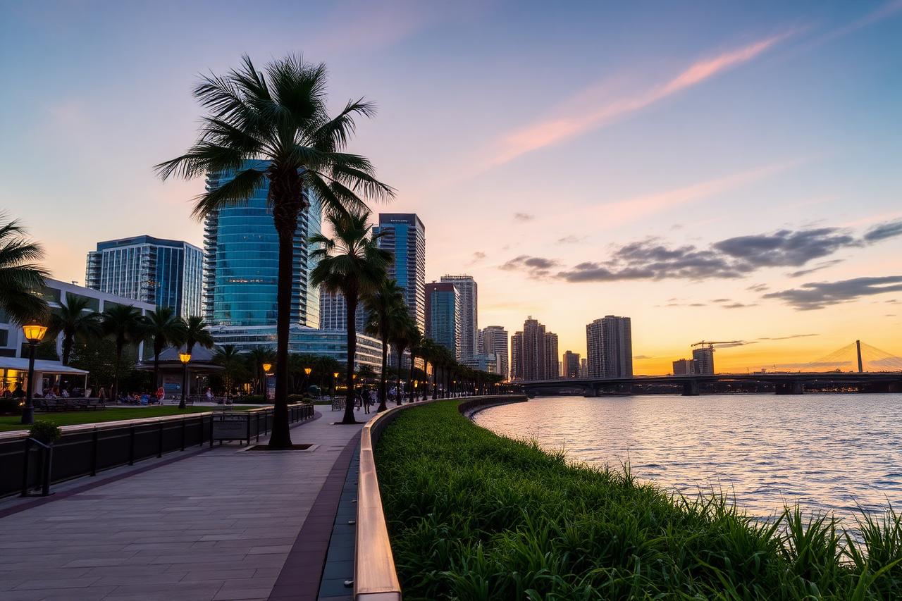 City riverwalk promenade with skyline and palms at dusk