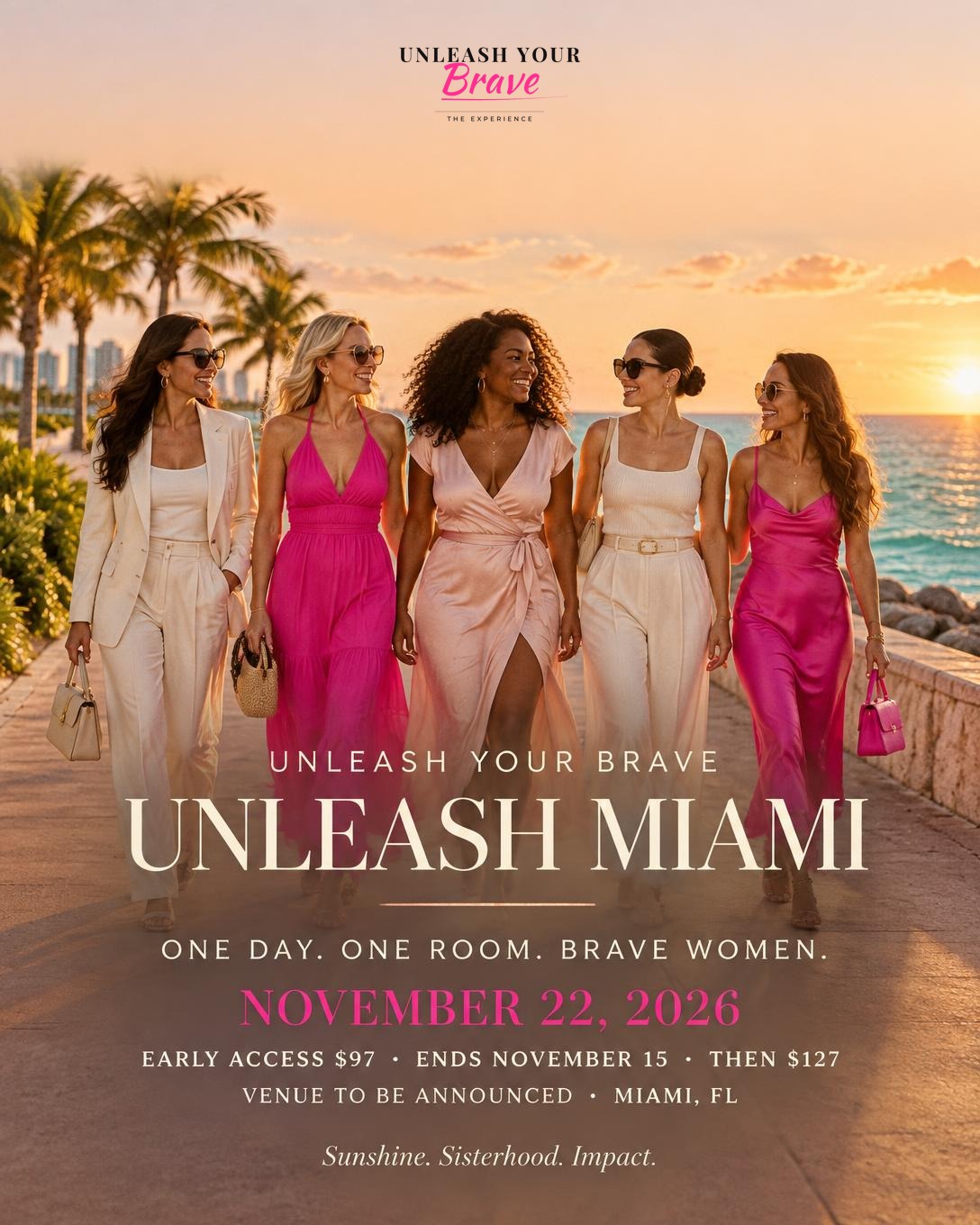 Women walking the Miami boardwalk at sunset — Unleash Miami event cover