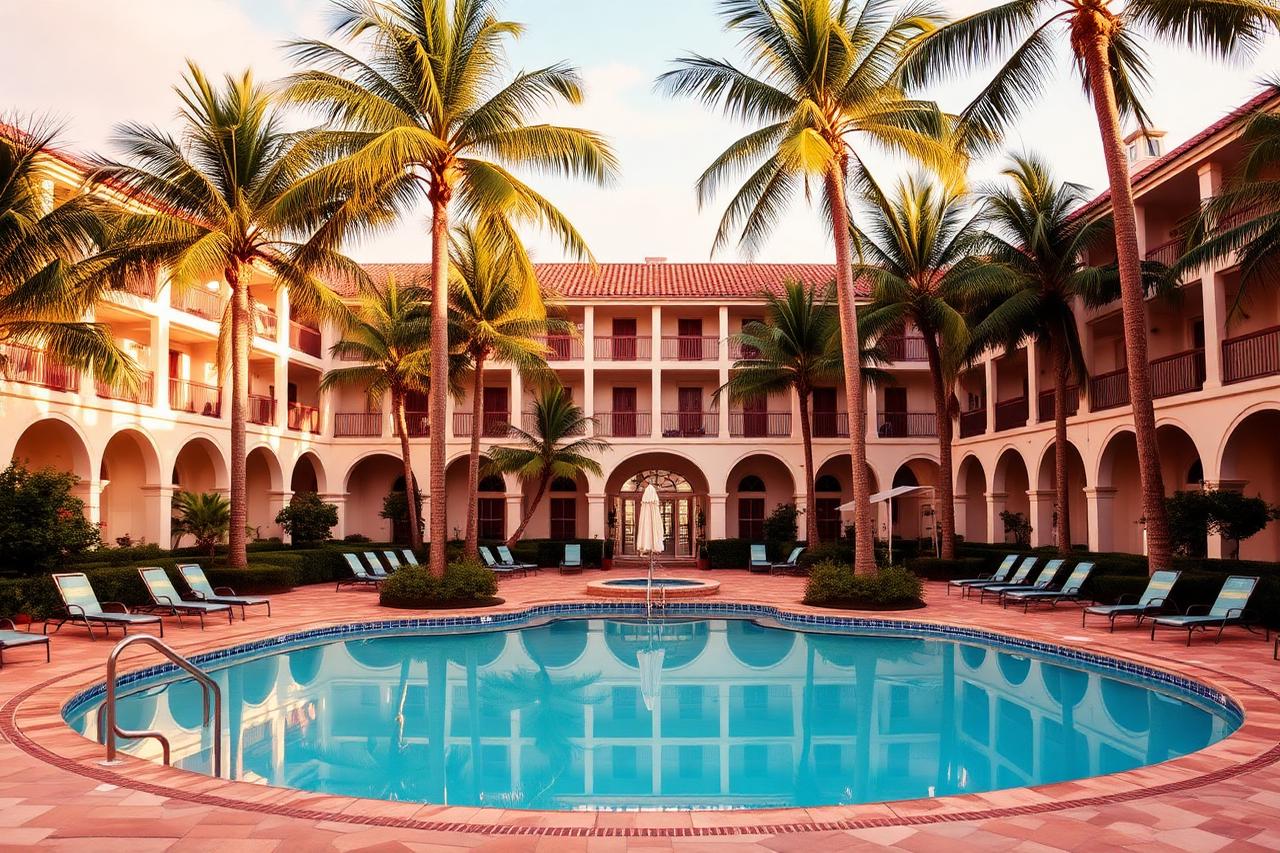 Palm-lined resort pool courtyard at the host hotel