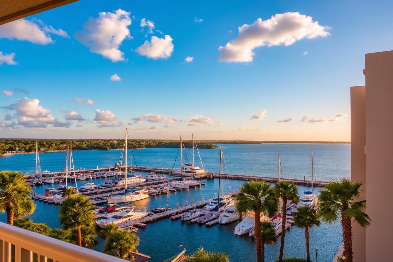 View of the marina and bay from a resort balcony at sunrise