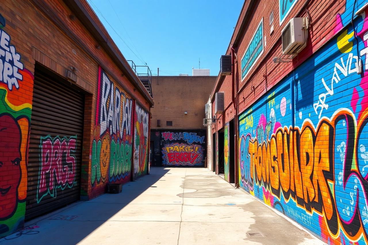 Warehouse walls covered in bright street-art murals